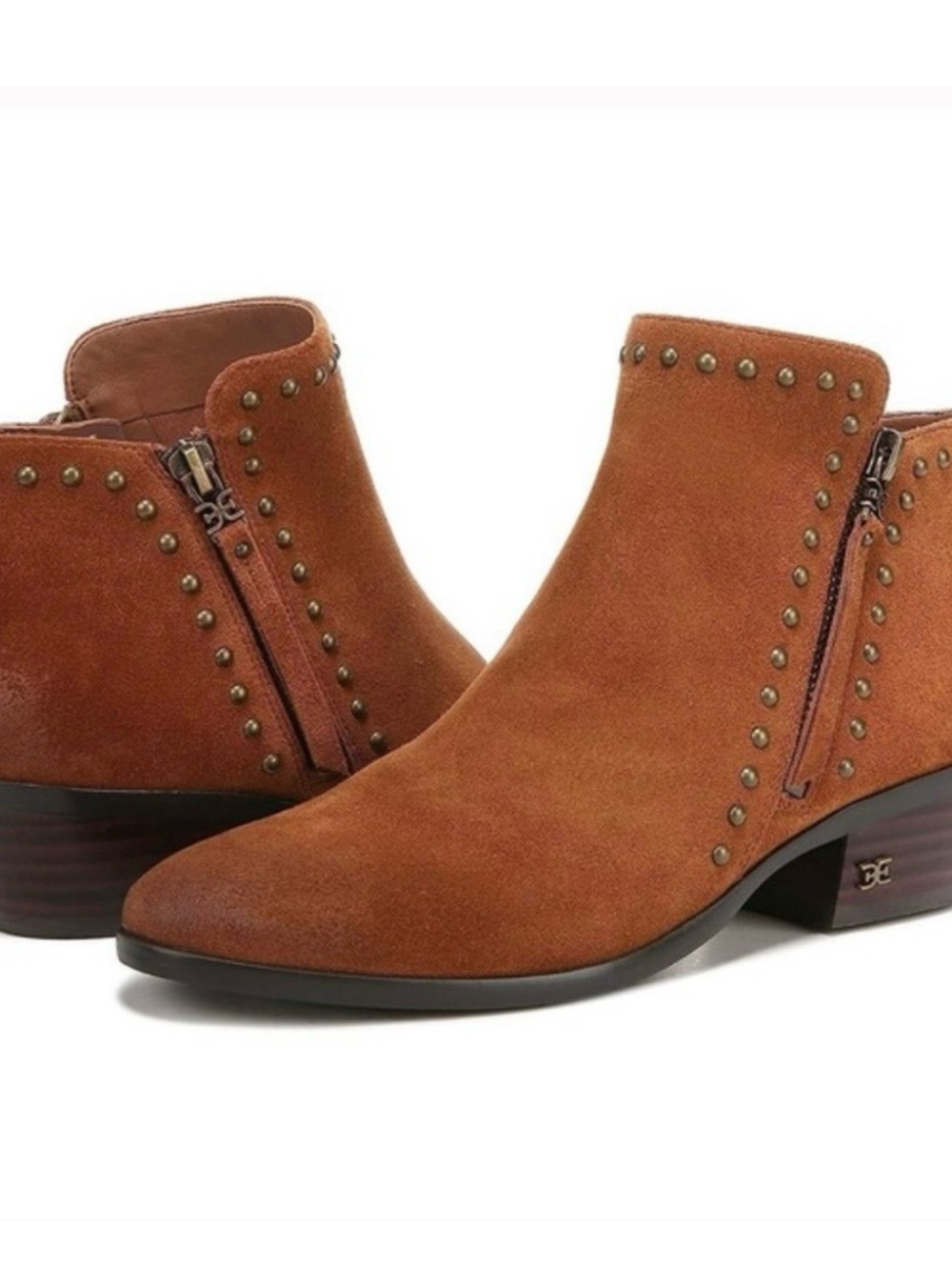 Sam Edelman Paola Suede Ankle Booties with Stud Trim - Cognac Brown